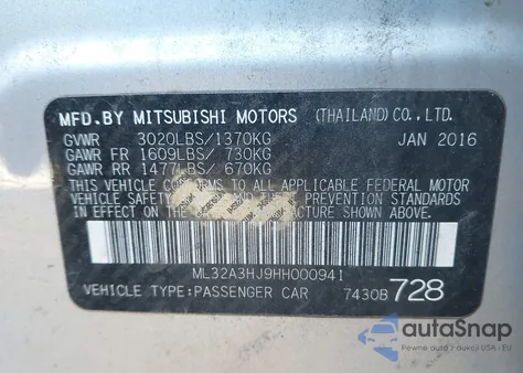 2017 Mitsubishi Mirage Es z USA, uszkodzony, nr VIN ML32A3HJ9HH000941